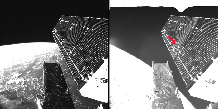 Satélite Sentinel-1A de la ESA antes y después del impacto de una partícula del tamaño del milímetro. El diámetro del área dañada es de aproximadamente unos 40 cm, lo que es consistente con un impacto de un fragmento de menos de 5 mm.