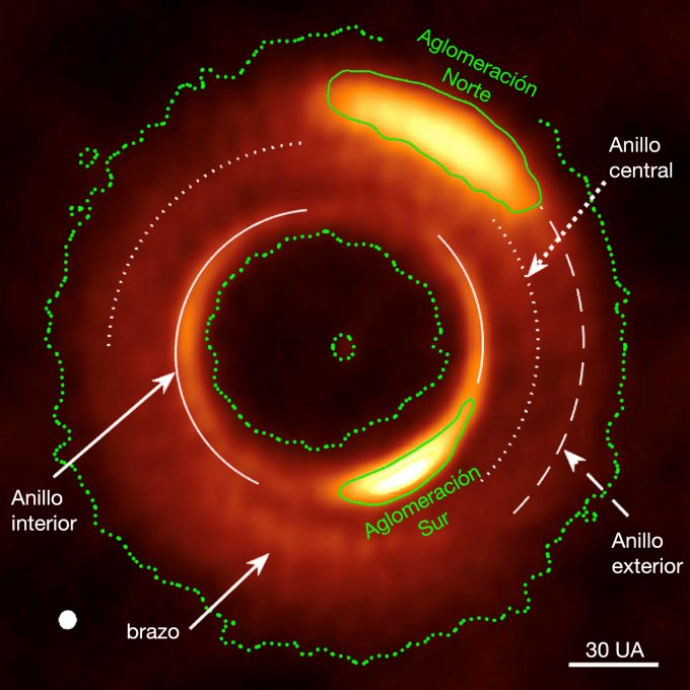 Fig 2. Imagen tomada con ALMA de MWC 758. Imagen tomada de Dong et al. 2018. Créditos: ALMA (ESO/NAOJ/NRAO)
