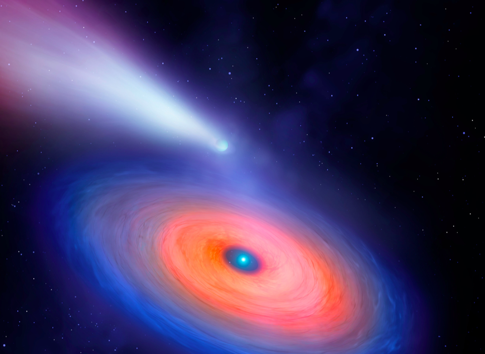 El equipo de astrónomos, utilizando observaciones y cálculos, obtuvo una representación más clara de este sistema único (impresión artística). La enana blanca es pequeña y, a una temperatura de 28,000 grados Celsius (cinco veces la temperatura del Sol), extremadamente caliente. Por el contrario, el planeta es helado y grande, al menos cuatro veces más grande que la estrella. Como orbita a la enana blanca caliente a corta distancia, abriéndose paso en solo 10 días, los fotones de alta energía de la estrella gradualmente expulsan la atmósfera del planeta. La mayor parte del gas se escapa, pero parte se introduce en un disco que gira hacia la estrella a una velocidad de 3000 toneladas por segundo. Es este disco el que hace visible el planeta Neptuno, que de otro modo estaría oculto (Mark A. Garlick)